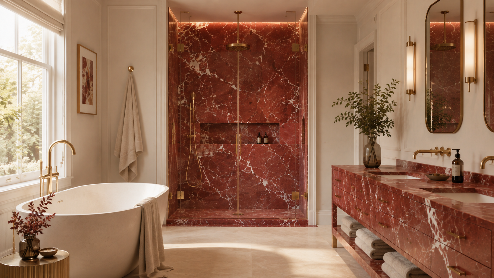 Balanced luxury bathroom pairing a red marble vanity top with calm neutral wall decor